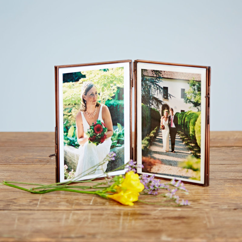 Antique Brass Recycled Glass Folded Double Photo Frame, 19cm H x 14cm W x 1cm D