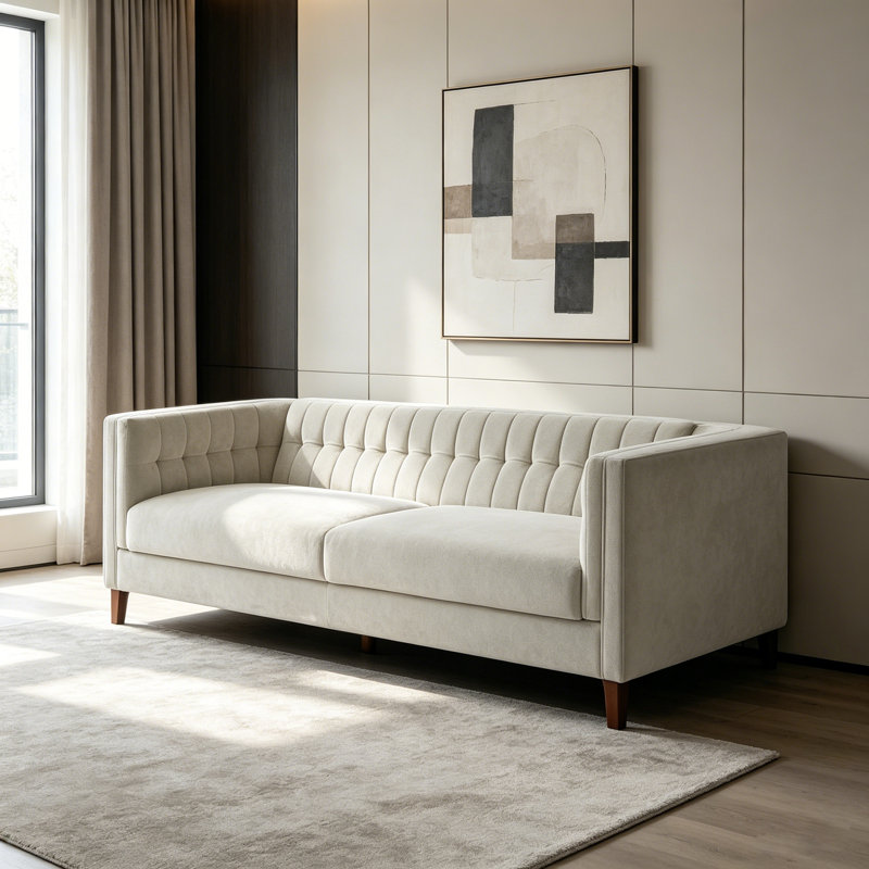 Canapé moderne à 3 places rembourré avec accoudoirs courbés, dossier capitonné et pieds en bois pour le salon, Chenille beige