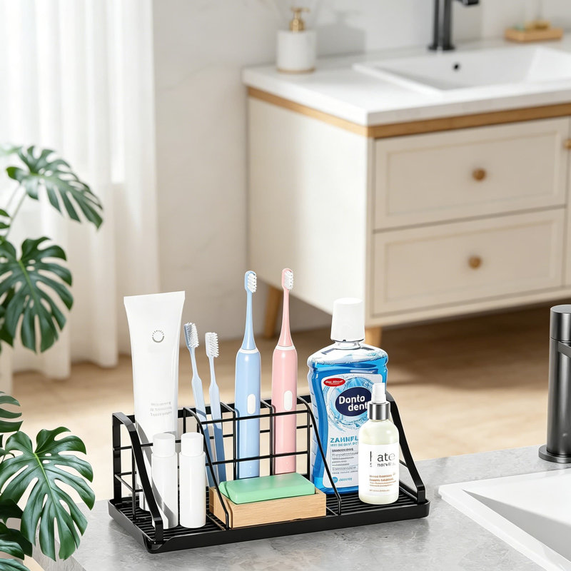 Ensemble de porte-brosse à dents de salle de bain avec distributeur à 2 pintes, porte-brosse à dents électrique à 7 fentes et porte-dentifrice avec plateau de drain amovible pour le rangement sur le comptoir et l'organisation du lavabo