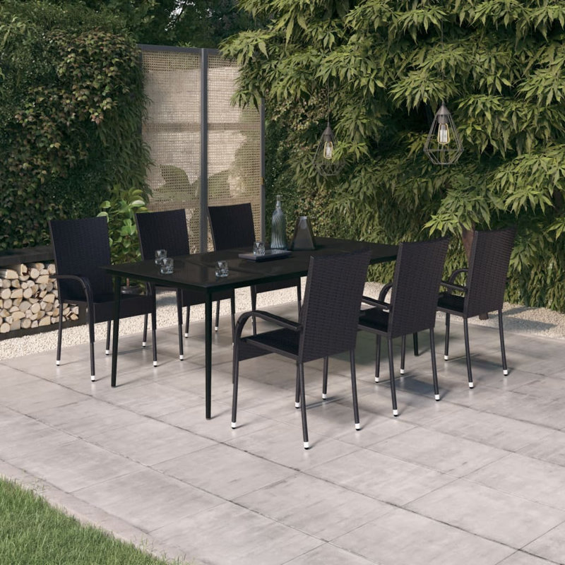 Adden 6 - Person Wicker Patio Dining Set with Rectangular Table, Black, 74cm H x 200cm W x 100cm D
