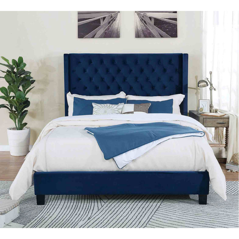 Elegant 1Pc Bed Fully Upholstered Frame Fabric Tufted HB Bedroom Wingback Design, Navy