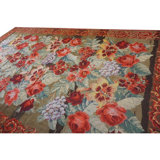 1900s Large Scale Olive Antique French Floral European Folk Besserabian Wool Rug 9'0" x 16'0"