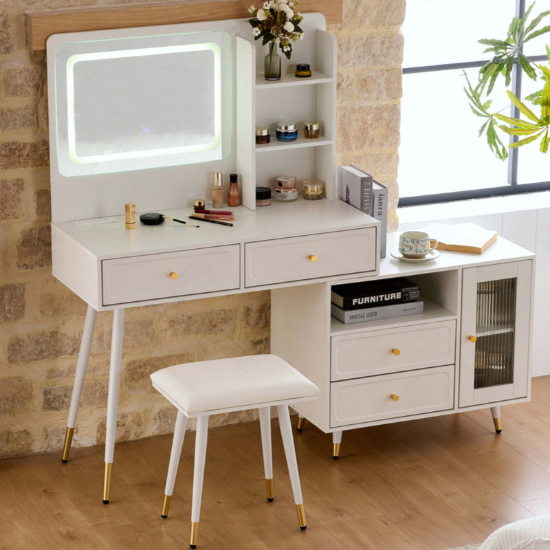 Modern Adjustable Makeup Vanity Desk with LED Mirror & Lights, Retractable Dressing Table with Storage Drawers Cabinet & Built-in Power Outlet for Bedroom