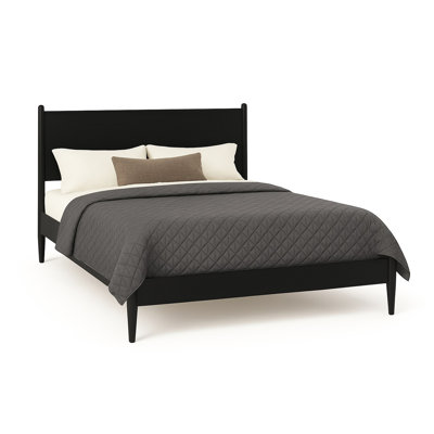 Lit plateforme très grand de style Mid-Century, bois noir avec pieds fuselés ronds, construction, ensemble de lattes pour un meilleur soutien, lit en bois massif sans sommier requis, inclus,
