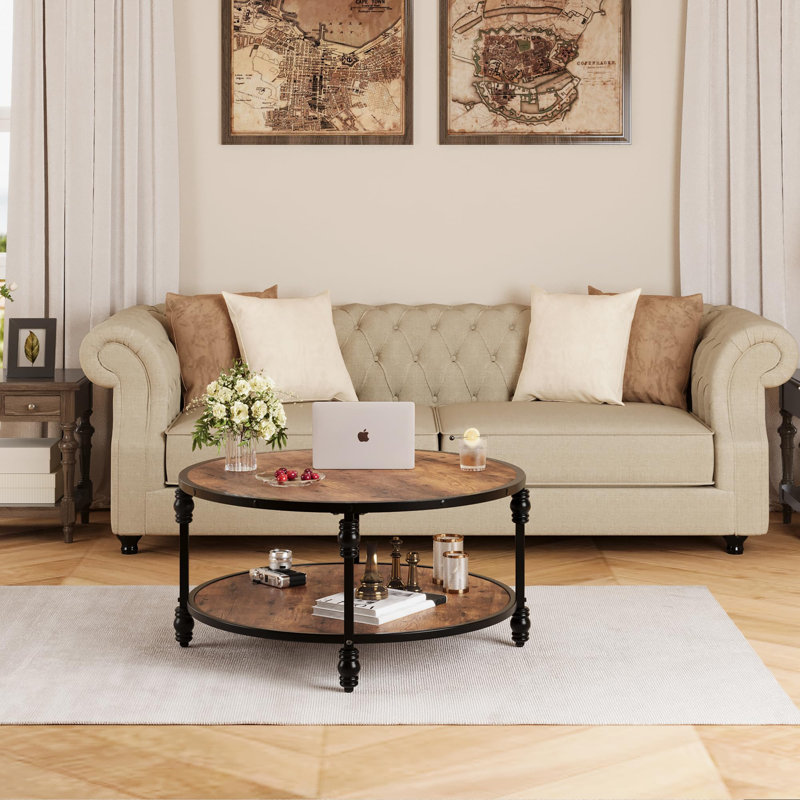 Coffee Table Round Rustic Center Table With Storage Shelf Wood Circle, 18" H x 34.5" L x 34.5" W, Brown