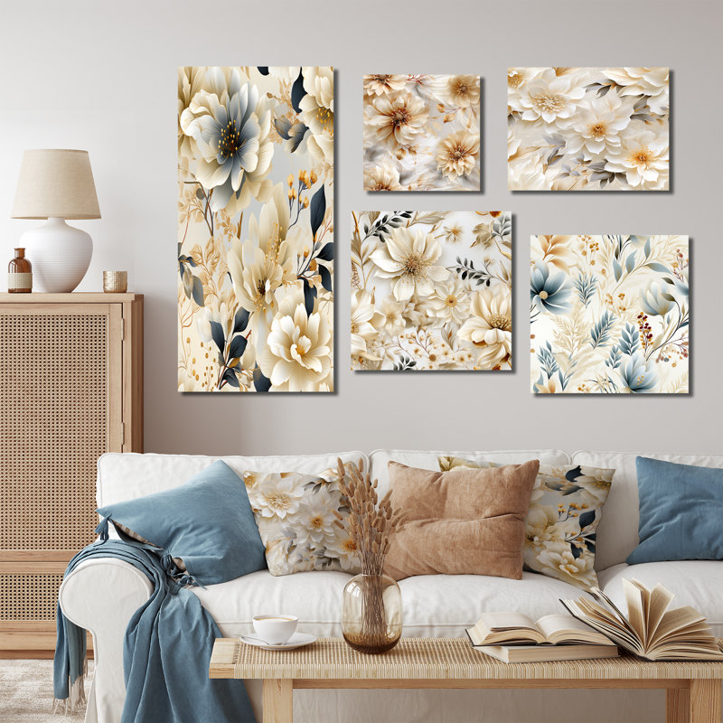 Apolline - ensemble de 5 impressions murales florales, Toile tendue