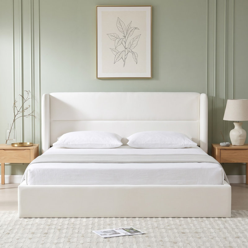 Lit plateforme tapissier avec rangement Gaillarde, Très grand, Crème