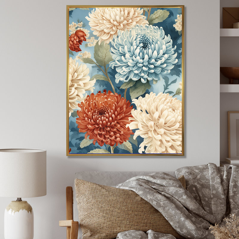 Symphonie de chrysanthèmes blancs et bleus - impression, H 44 po x l 34 po x P 1,5 po, Cadre flottant doré