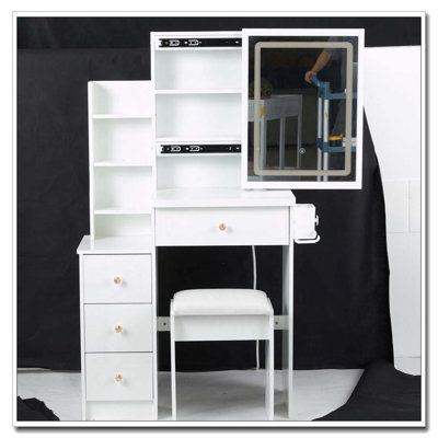 29.2" Small Space Vanity Table with LED Mirror, Power Station, Hair Dryer Bracket and Stool