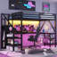 Lit mezzanine pleine grandeur tout-en-un avec rangement, structure en métal compacte avec bureau en forme de L, garde-robe et lumières DEL, noir élégant pour enfants, adolescents et adultes