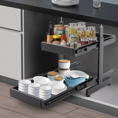 Organisateur extensible sous l'évier en acier au carbone robuste, support de tiroir coulissant à 2 niveaux, l 16,14 po -23,62 po x P 20,87 po x H 18,50 po -35,43 po