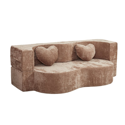 Heart-Shaped Cheese Bed Convertible Sofa, 78.7 Inch No Assembly Sponge Sofa Bed in a Box with Pillows for Living Room, Apartment and Guest Room-Warm Taupe
