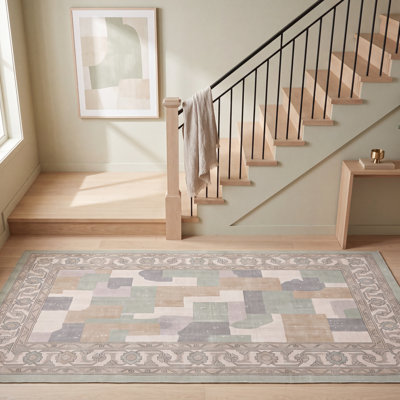 Tapis lavable Bazaar2 moderne à motifs mosaïques mouchetés abstraits verts, crème, gris et blancs, antidérapant, à poils courts, pour intérieur et extérieur, adapté aux animaux domestiques, salon, chambre, salle à manger, entrée, couloir, bureau.