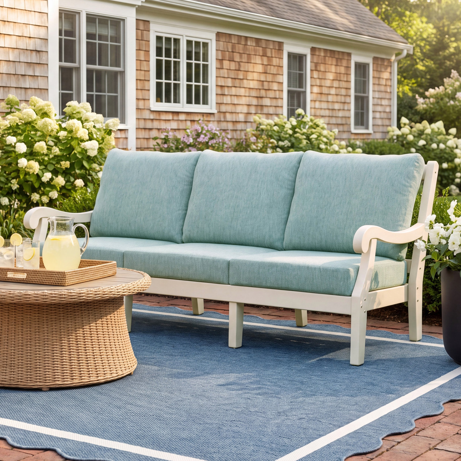 POLYWOOD x Birch Lane Verlyn Deep Seating Sofa, Glacier Spa Cushion/White Frame