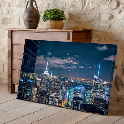 Canvas A Panoramic View Of A Vibrant City Skyline At Night Wall Art Showcasing A Mix Of Modern Skyscrapers With Illuminated Windows In Canvas Wall Art