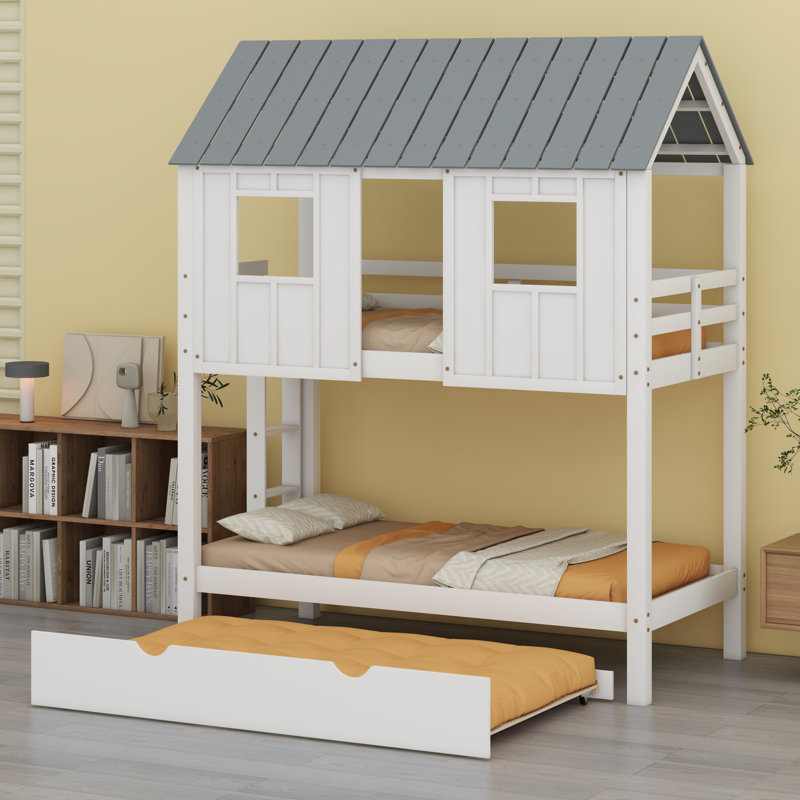 House Bunk Bed With Trundle,Roof And Windows