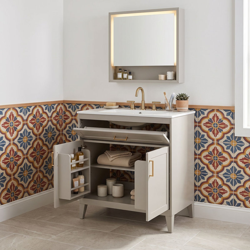 Meuble-lavabo autoportant avec lavabo en céramique, tablette réglable, portes à fermeture en douceur et supports de porte de rangement