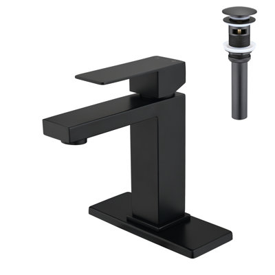 Robinet pour salle de bain à poignée simple avec drain escamotable (avec trop-plein), noir mat