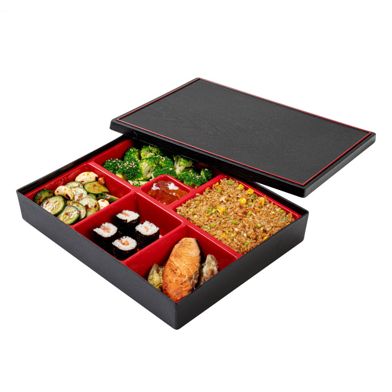 Articles de restaurant - Boîte à repas 12,2 x 9,8 x 2,4 pouces, 1 boîte à repas de style japonais pour adultes - avec 6 compartiments, boîte de repas divisée en plastique noir et rouge résistante à la graisse, plats chauds et froids