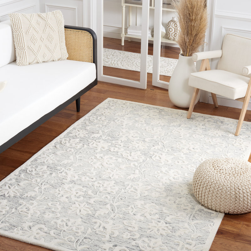 Tapis floral gris / ivoire en laine touffeté à la main Abdouallah, Rectangle 8 pi x 10 pi