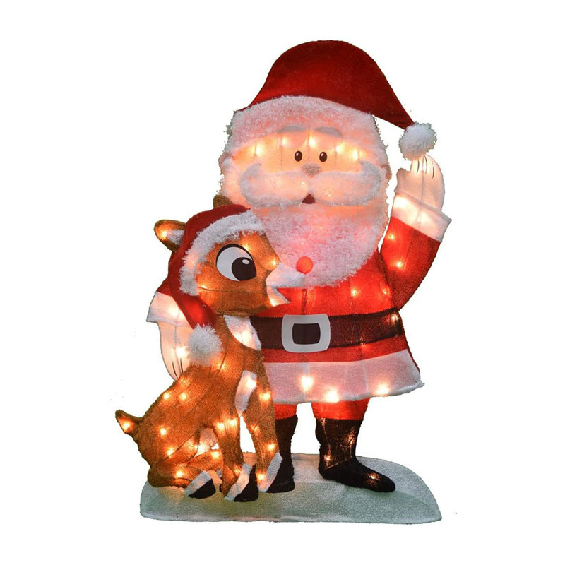 Pre Lit Fabric Santa Claus And Rudolph 2D Outdoor Holiday Lawn Ornament Christmas Yard Decoration With 70 Clear Lights And Stand
