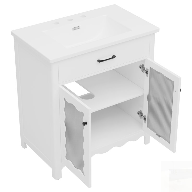 Meuble-lavabo moderne avec verre trempé, portes à fermeture douce et pieds en bois d'hévéa durables, parfait pour les solutions de rangement élégantes.