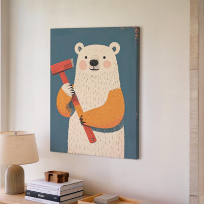 Canvas Stylized White Bear With Hammer Canvasbold Graphic Wall Art Ready To Hang Gallery Wrapped Home Decor Modern Design Premium Quality