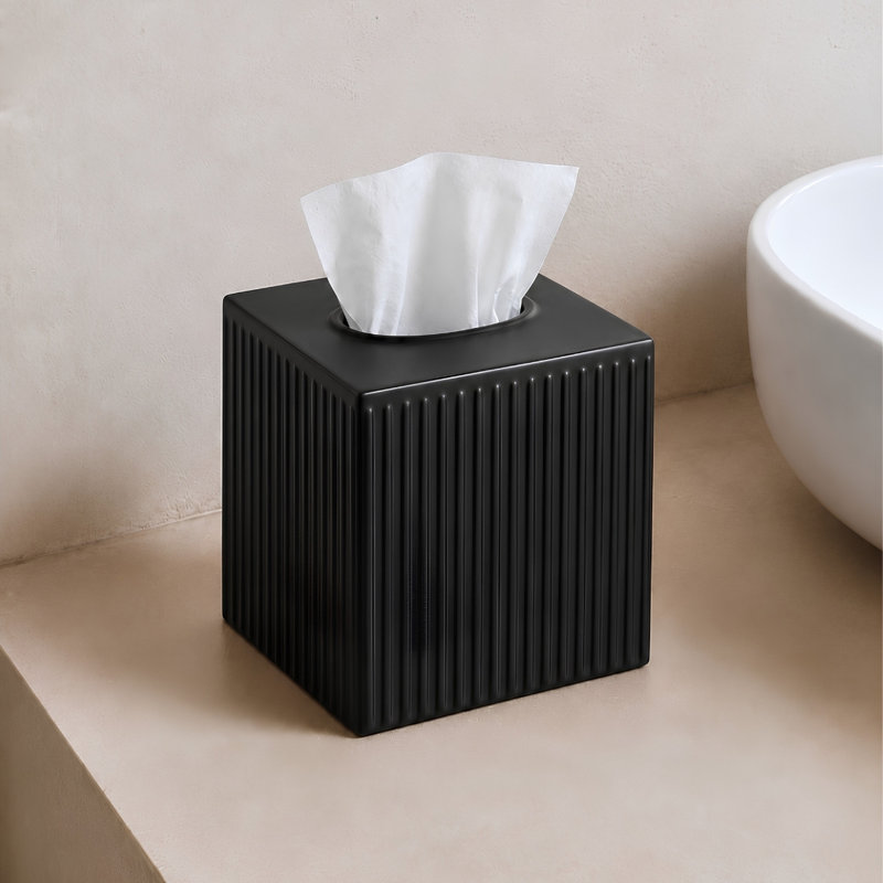 Ridge Embossed Decorative Metal Tissue Box Cover Holder Square, Matte Black