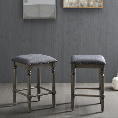 Counter Height Stool , 2 In Grey - Upholstered With Tan Fabric Seat And Bronze Nailhead, Solid Rubber Wood Plywood Construction, Rustic Chic, 16"W X 16"D 23.71"H, Assembly Needed 2 Nailhead Trim,