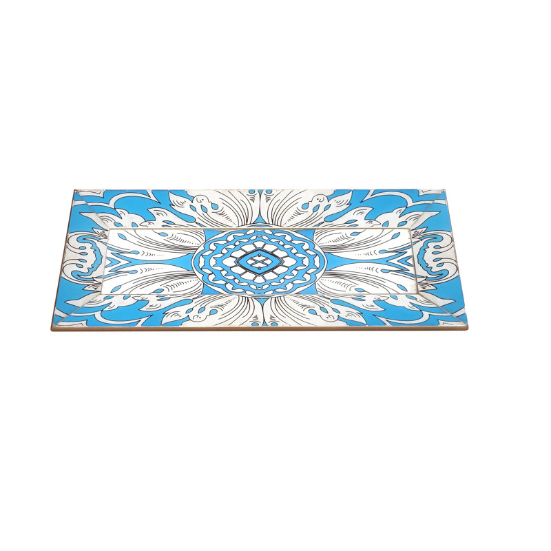 Handmade Reverse Painted Mirror Tray with Beveled Edge, 1.2" H x 5.9" W x 15.7" D, Blue/Silver