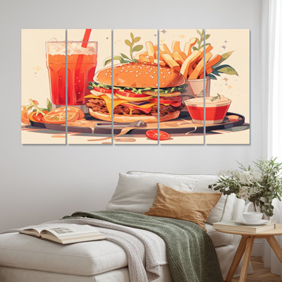 «Classic Burger And Fries» - impression d'art mural repas et pique-nique - 5 panneaux égaux