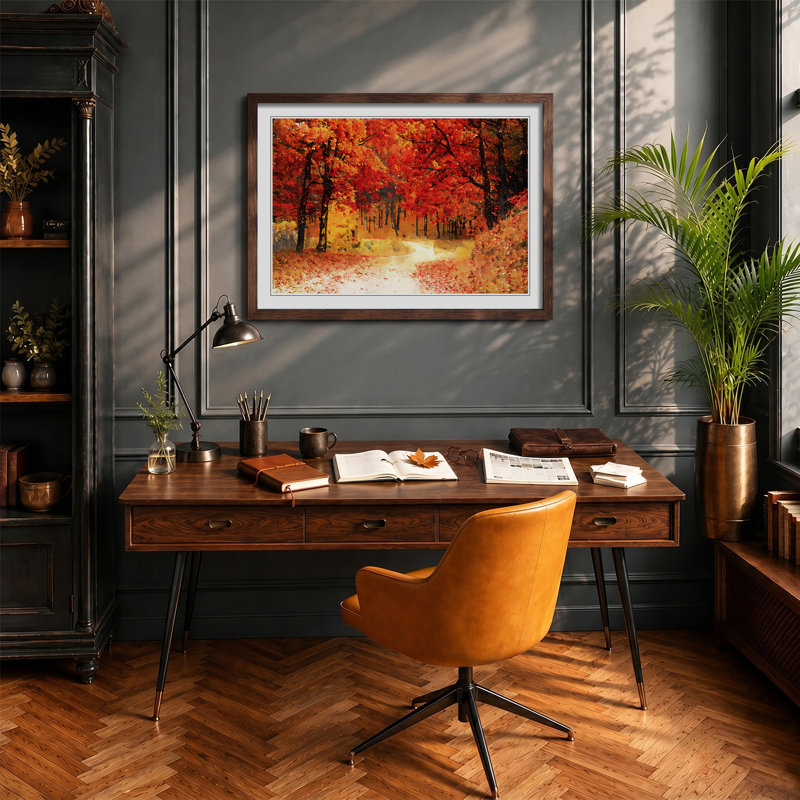 Path Through the Forest at Autumn in Abstract - Picture Frame Painting Print on MDF, 62cm H x 87cm W x 2cm D, Walnut Framed