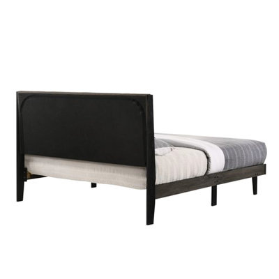 Brown Fabric And Weathered Gray Finish Queen Bed, Upholstery Hb, Low Profile Design, 12 Slats 4 Support Legs, No Box Spring Needed, 8" Mattress Recommended, Wood Rubber Particle Board Veneer