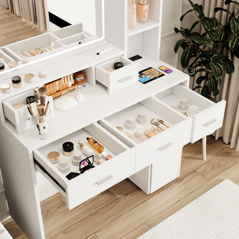 Coiffeuse blanche avec prise de courant, tiroirs et miroir lumineux à DEL pour rangement supplémentaire, tabouret de chambre à coucher