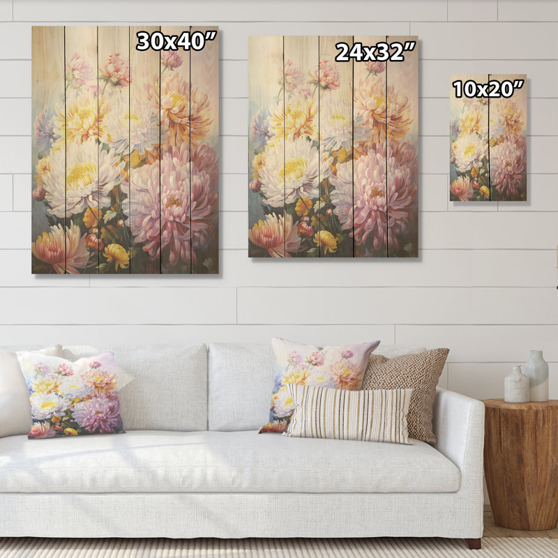«Chrysanthemums Hill», art mural en bois sur bois de pin naturel, H 20 po x l 10 po