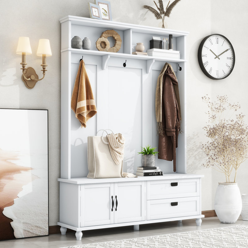  Portemanteau avec banc de rangement, armoire d'entrée moderne avec 2 grands compartiments et 5 crochets, Blanc