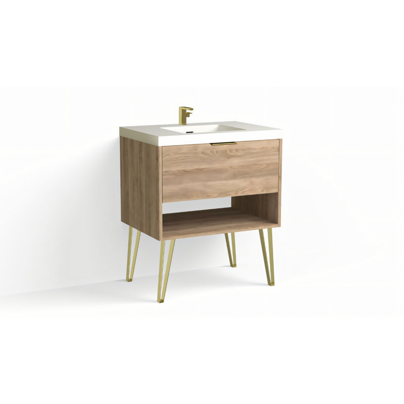 Modo 30" W Freestanding Single Bathroom Vanity with Dawson Leg, Nimbus, Satin Brass, Matte White/Single