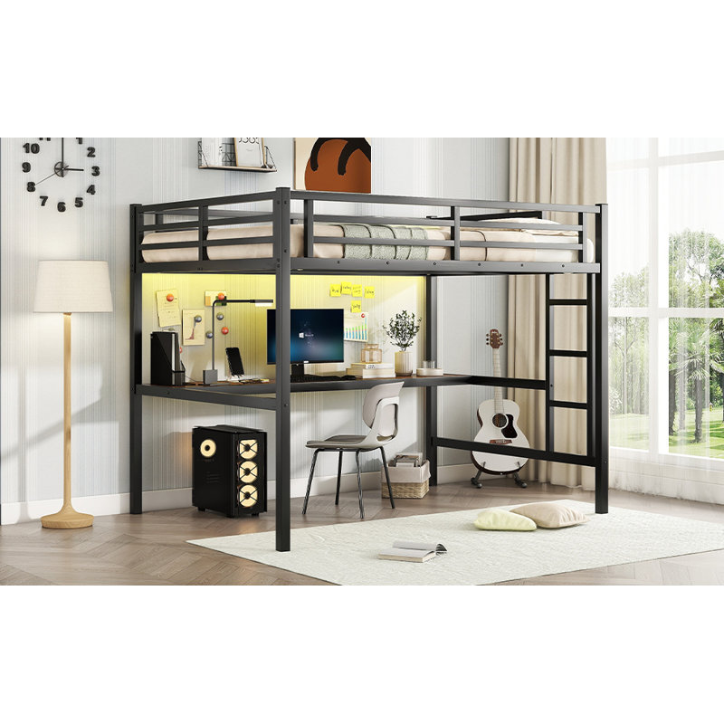 Metal Full Size Loft Bed  With Power Outlet And LED Lighted, Space-Saving, Noise Reduced, Black