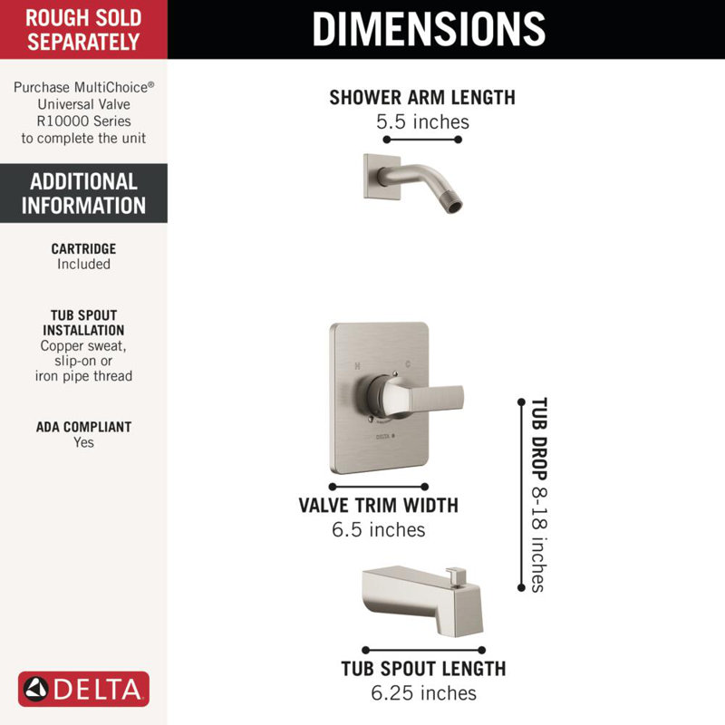 Ensemble de robinet de baignoire et de douche à fonction unique en nickel brossé Velum 14 Series, ensemble de garniture de valve, poignée de douche, ensemble de garniture de douche, ensemble de douche, acier inoxydable (pomme de douche et valve non incluses)