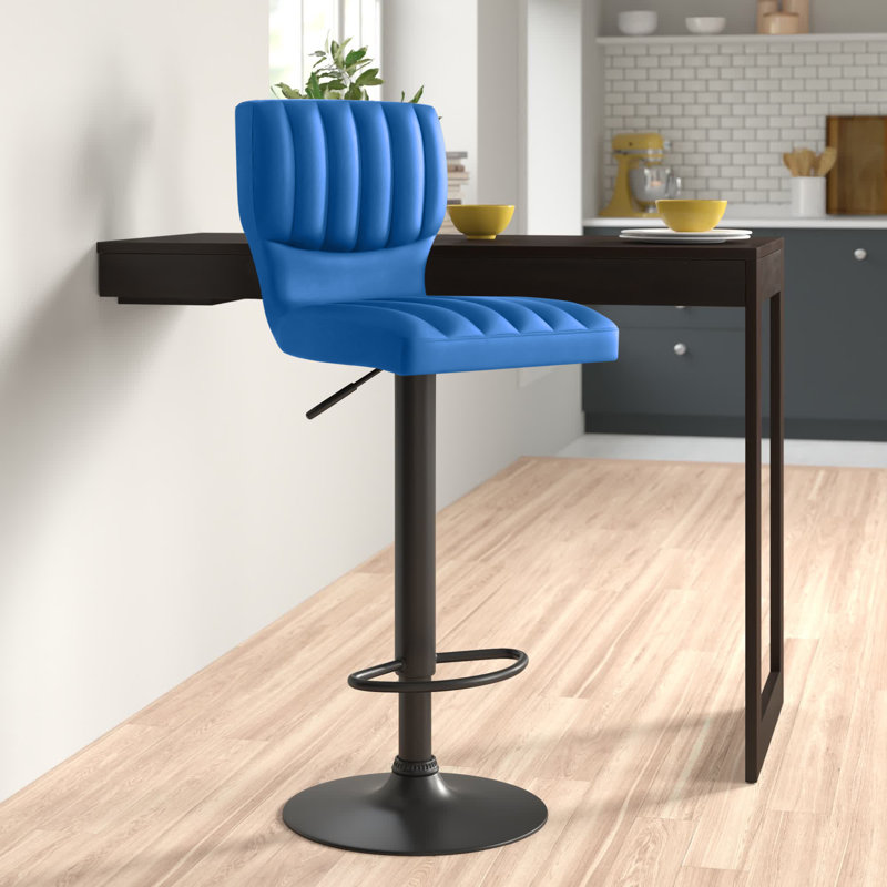 Modern Swivel Adjustable Height Bar Stool in Faux Leather, Metal, Plywood, Blue