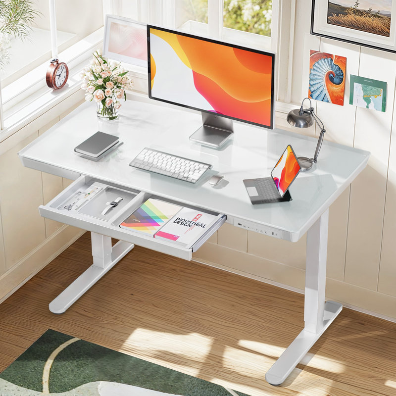 Bureau d'ordinateur à hauteur ajustable Flavio avec tiroir et ports USB et Type-C pour le bureau personnel, Transparent/blanc