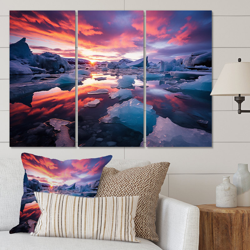 Ensemble de 3 décorations murales 3 glaciers paysage coucher de soleil II