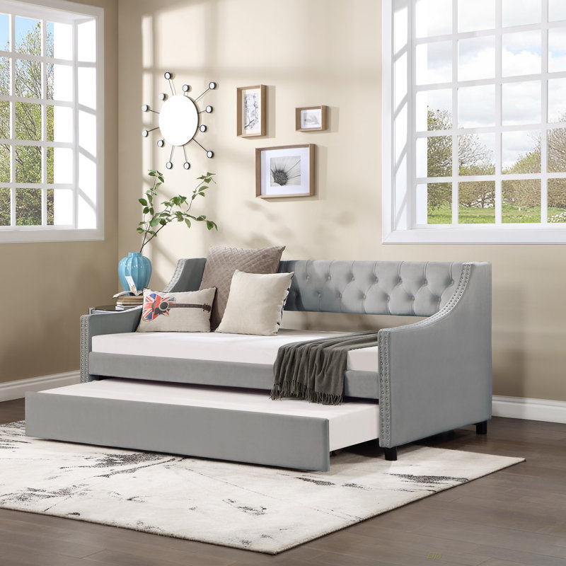 Daybed With Trundle Upholstered Tufted Sofa Bed, With Button And Copper Nail On Arms (Daybed), Twin, Light Grey