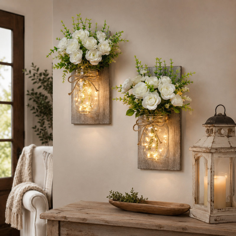 2-Pack Wall Sconces with Rustic Wood Boards, Mason Jars, Led Lights, Remote Control, Gray
