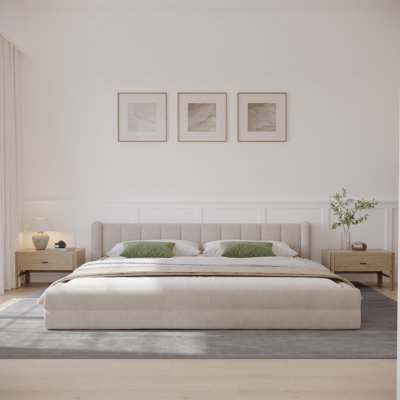 Chenille Upholstered Low Bed Frame,   Platform Bed With Wingback Headboard