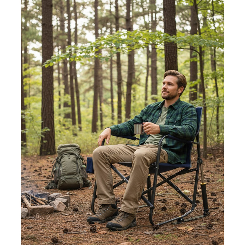 Outdoor Freestyle Rocker Camping Chair, Portable Folding Rocking Chair With Sturdy Armrests, Drink Holder & Comfortable Backrest, Indigo Blue