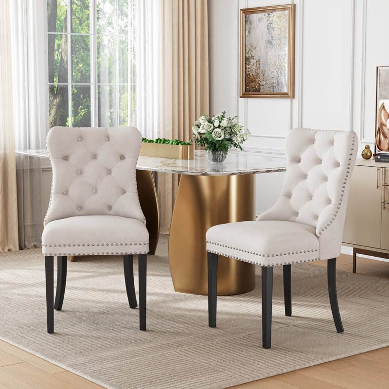 High-End Tufted Dining Chair Set, Velvet Upholstery With Nailhead Trim And Back Pull Ring, Solid Wood Legs, 4, White