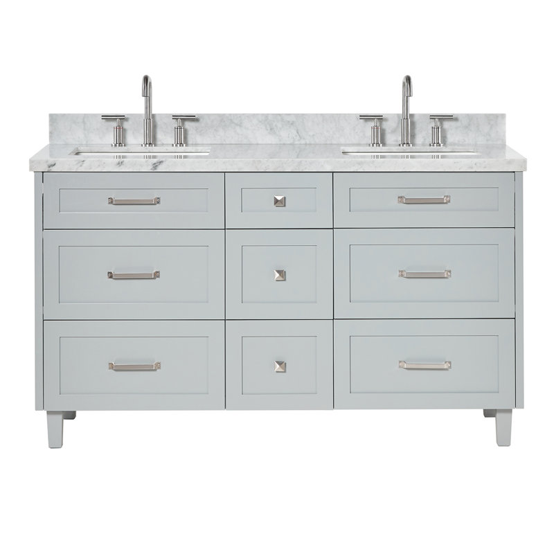 Ariel Monroe 61 Inch Double Rectangular Sink Bathroom Vanity With Italian Carrara Marble Countertop, Gray