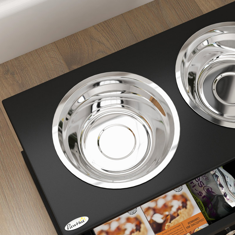 Black Elevated Dog Bowls with Storage Drawer and Stainless Steel Bowls
