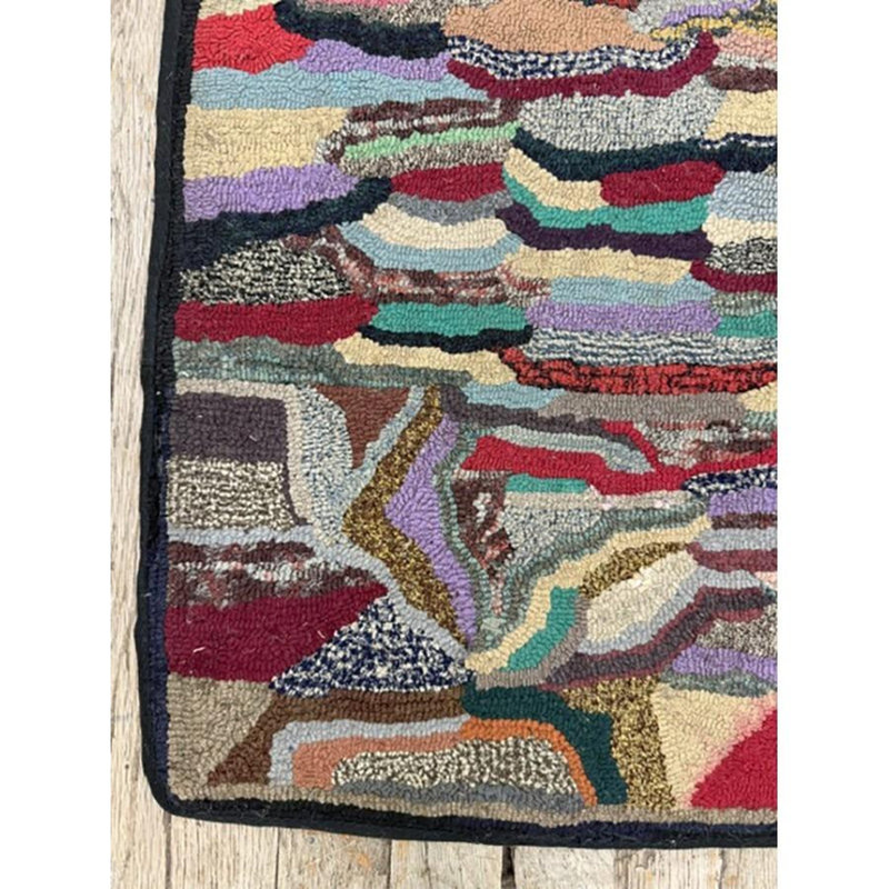 1880s Traditional American Geometric Folk Art Multicolor Antique Hooked Wool Rug 2'0" x 3'0" Area Rug